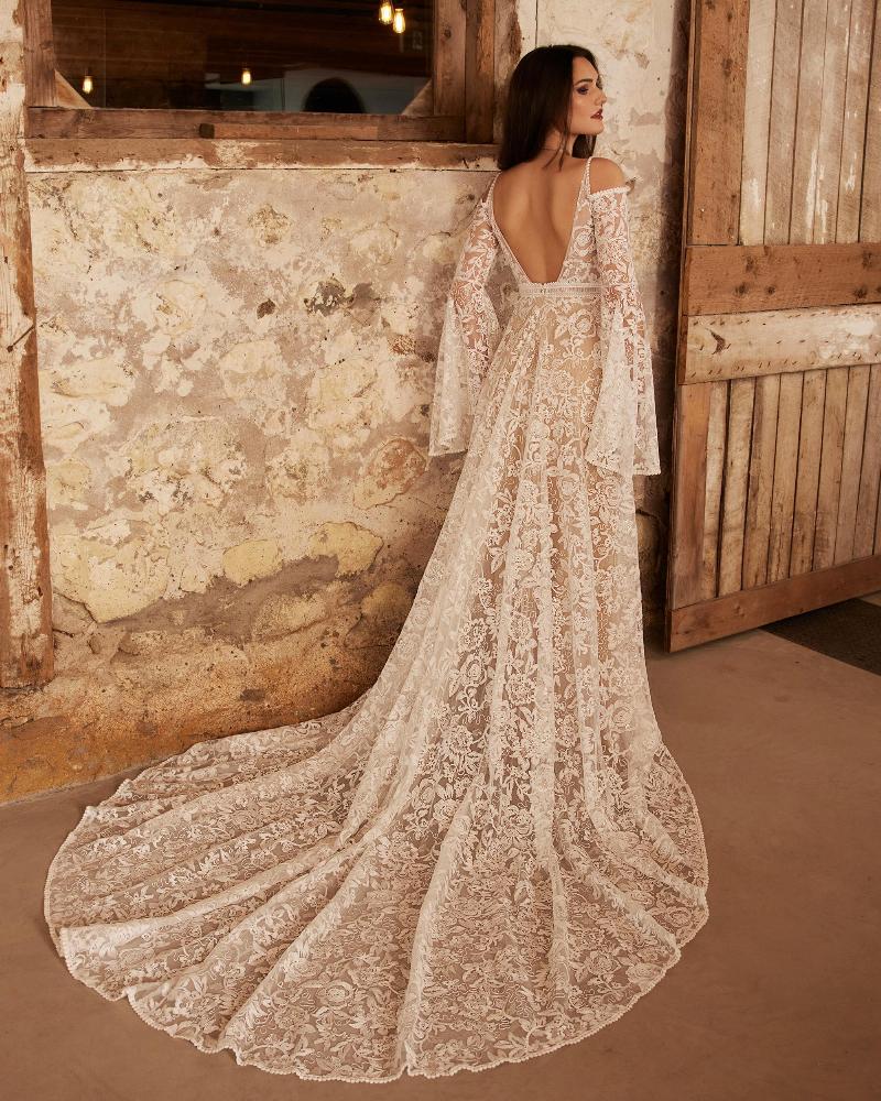 Lp2250 off the shoulder boho wedding dress with bell sleeves and a line silhouette2